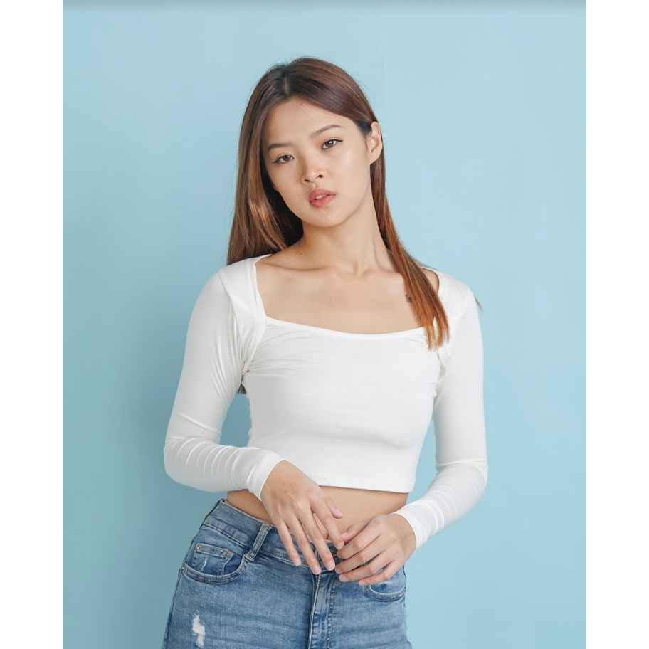 MODAVIE - LAURA Longsleeve Square Crop Top Korean Style Baju Atasan Wanita Lengan Panjang Crop Tee