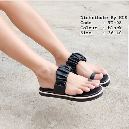 Sandal Sendal Slop Selop Flat Flatshoes Jepit Teplek Hak Datar Tali Rajut Kerut Jalan Santai Pesta K