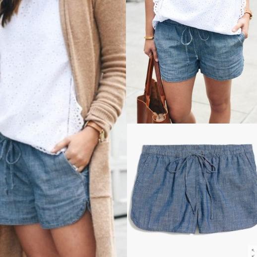 Coba lihat!!, J Crew Chambray Drawstring Short celana pendek wanita // sisa ekspor