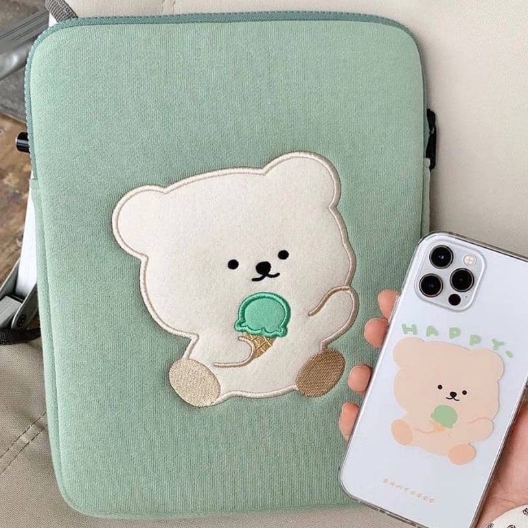 Sleeve Pouch Sarung Tas Bag Case Ipad Tab Tablet Macbook Air Pro Laptop Asus Acer Lenovo HP Huawei 11 12 13 14 15 inch Motif Gambar Beruang Bear Warna Hijau Lucu Cute Murah Korean Model