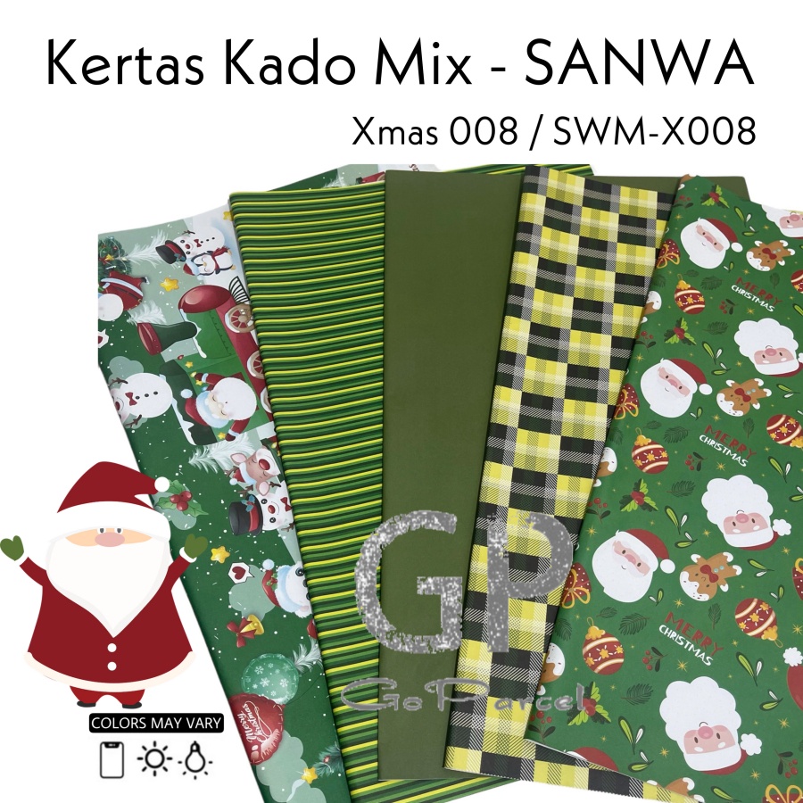 ( 5 Lembar 5 Motif ) NATAL MIX SANWA - KERTAS KADO - GIFT WRAP SANSAN WAWA XMAS MERRY CHRISTMAS BUNGKUS RED GREEN WHITE STAR