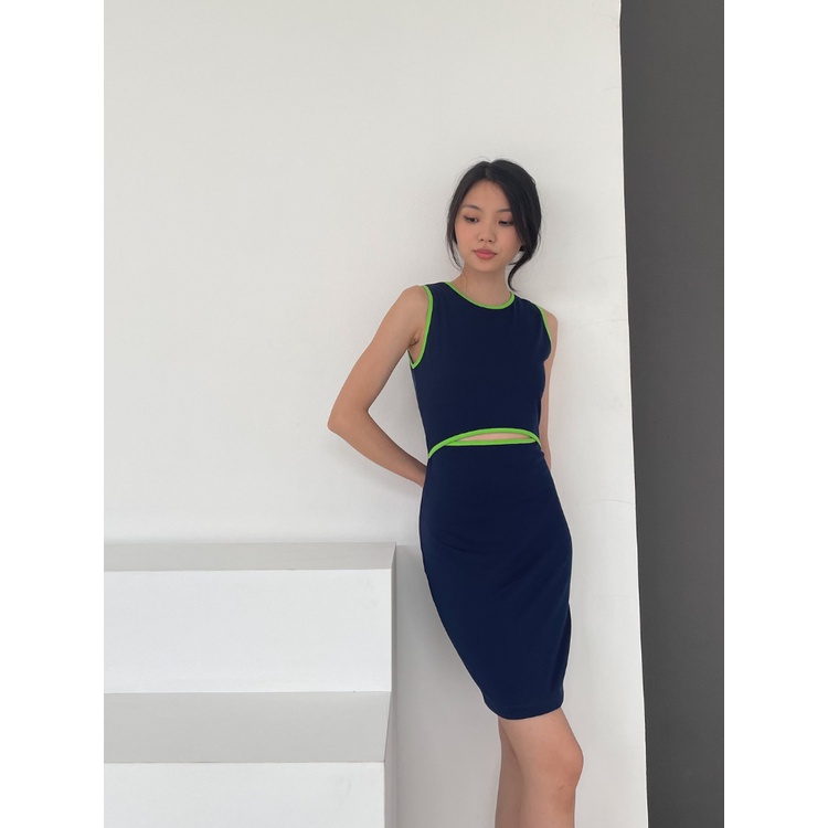 Kadaka D-0214 Two Way Mini Bodycon Dress Cut Out Detail List Neon