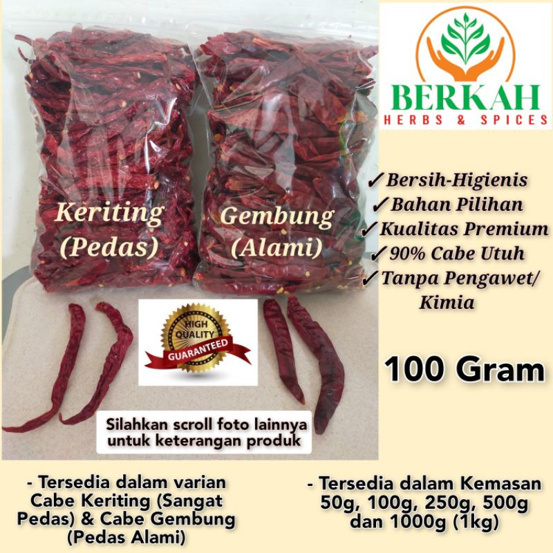 

Cabe Merah Kering 100Gr Tanpa Tangkai Dry Chilli Import Bersih Higienis Kualitas Premium Terbaik Halal