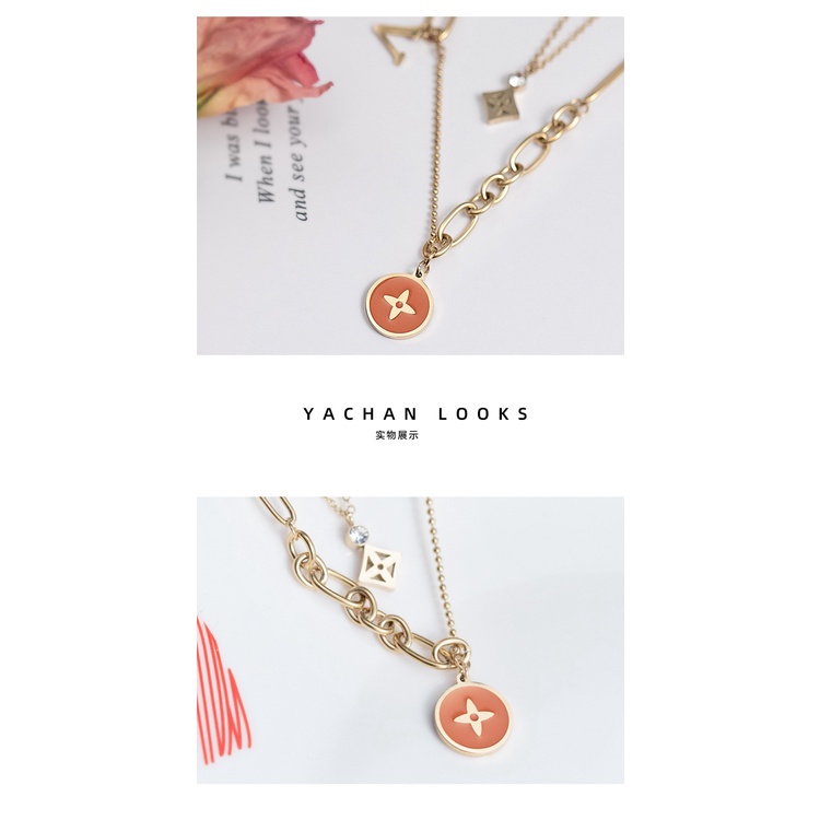 Kalung Double Layer Bahan Stainless Steel Lapis Emas 14k Bentuk Bulat Gaya Korea