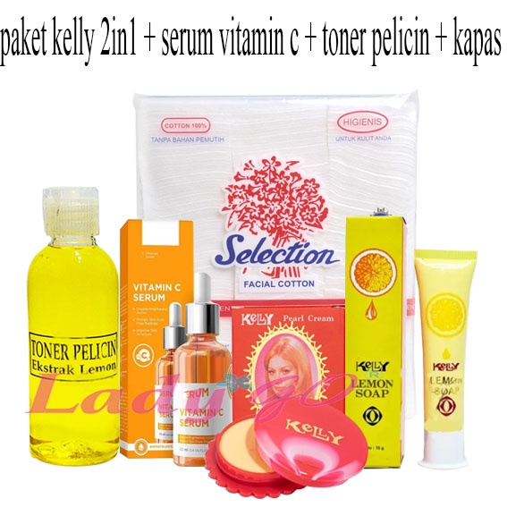 PAKET KELLY PEARL CREAM 5 gr - KELLY LEMON SOAP 15 gr - SERUM VIT C ORIGINAL PLUS TONER PELICIN EXTRAK LEMON 60ML PLUS KAPAS WAJAH SELECTION