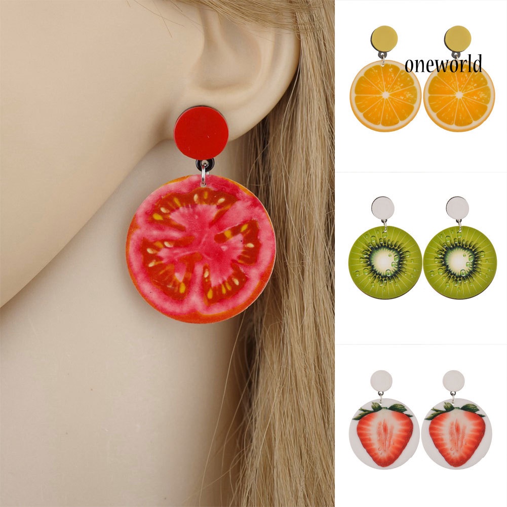 OW@ Korean Style Fruit Earrings Women Tomato Lemon Kiwi Acrylic Date Travel Jewelry