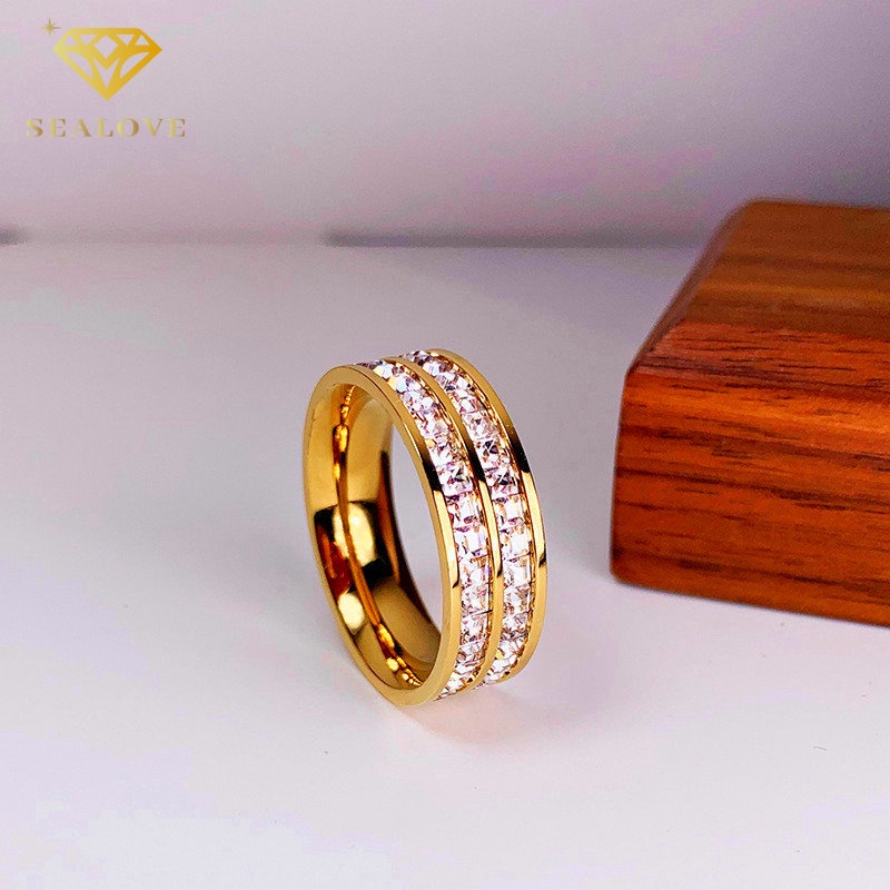 SEALOVE Wanita Titanium Cincin Anti Karat 18K Emas Penuh Berlian diamond ring Perhiasan Premium Korea Hadiah