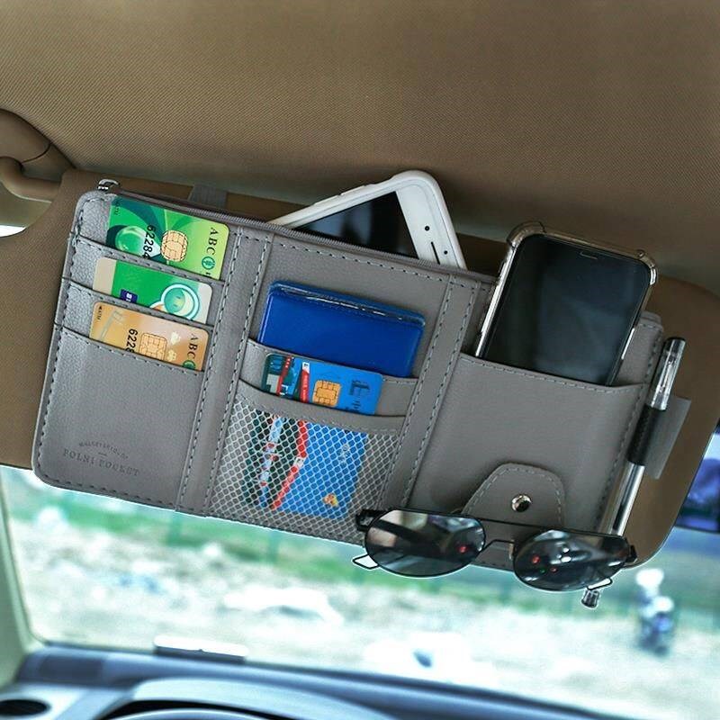 Tas Penyimpanan Aksesoris Interior Mobil/Tas Penyimpanan Pelindung Matahari/Holder Kartu Pickup PU Multifungsi Tempat Kacamata Kartu Sim