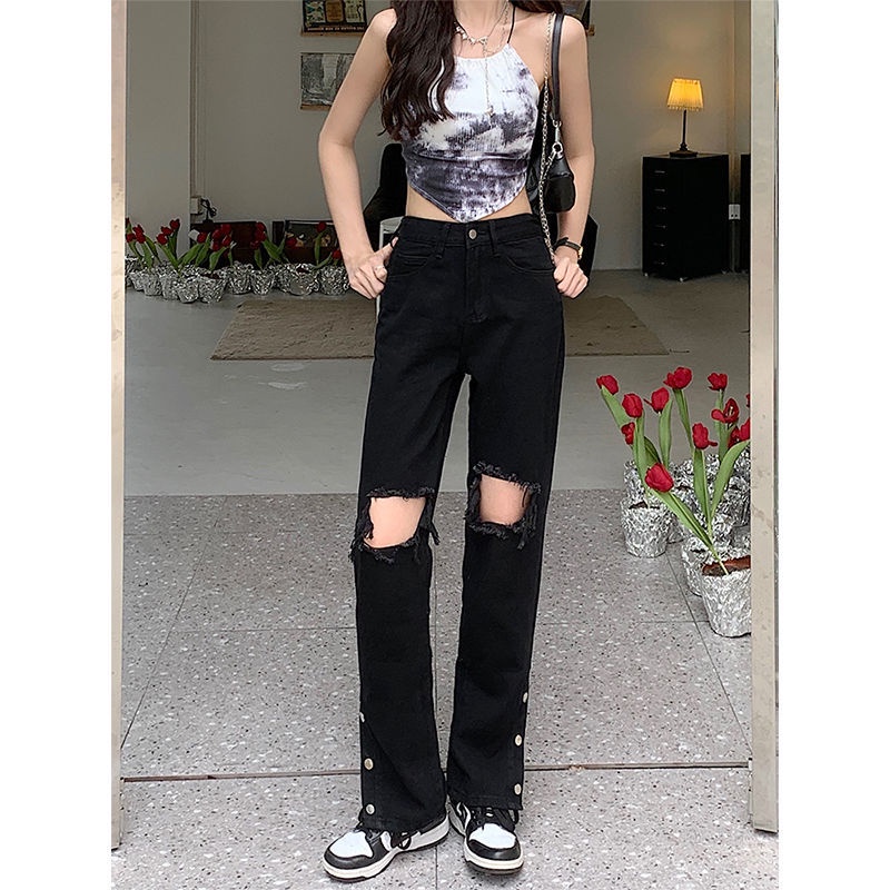 Red wanita jeans high-waist robek micro-flare wanita 2022 model baru Hong Kong celana wide-leg desain ceruk