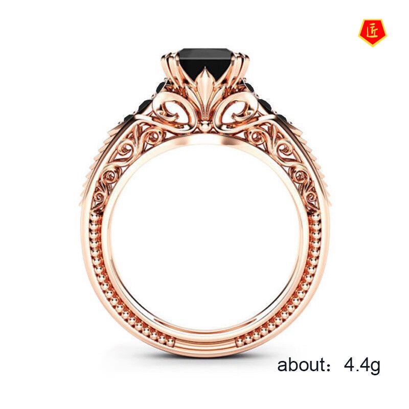 [Ready Stock]18K Rose Gold Square Diamond Ring Luxury Black Graceful and Fashionable