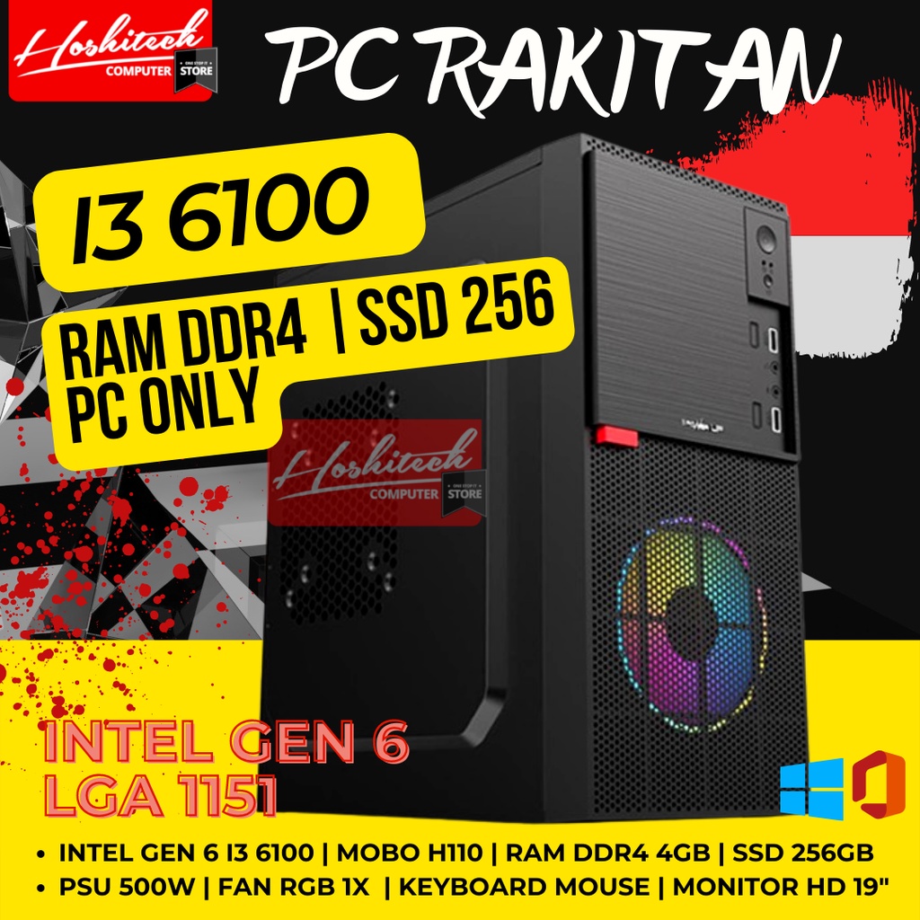 PC RAKITAN KANTOR SEKOLAH I3 DDR4 4GB SSD 256GB MONITOR 19 INCH