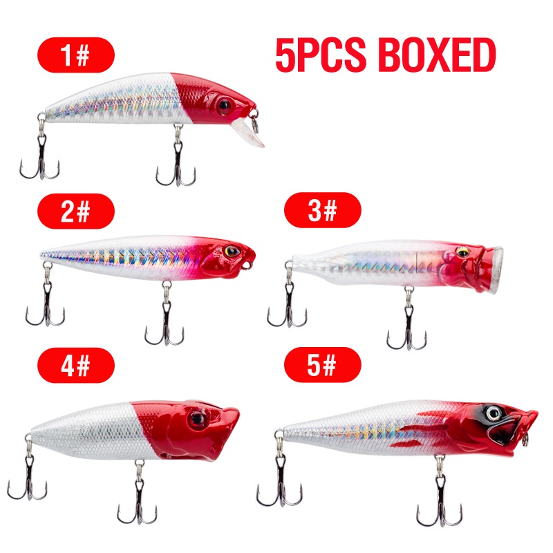 5pcs / Kotak Umpan Pancing Ikan Minnow Kepala Merah 7.9 / 6 / 9.4 / 11.8 / 12.5g Bahan Plastik Keras 5 Warna