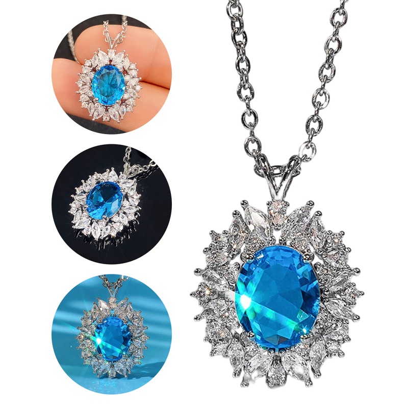 Kalung Liontin Cubic Zirconia Warna Biru Untuk Wanita