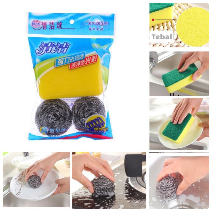 Spons Busa Sponge Spon Cuci Piring + Sabut Besi Steel Anti Kerak