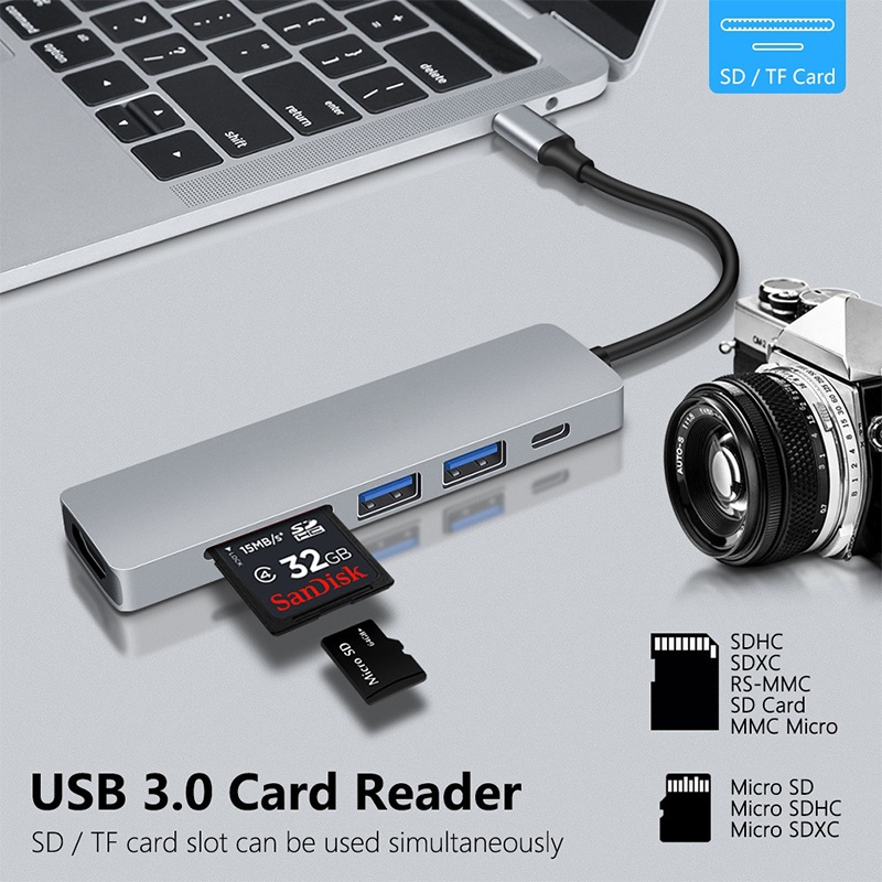 （COD）Adapter Konverter Type C 3.0 HDMI  Pd 6 In 1 4in1 5in1 card reader sd card