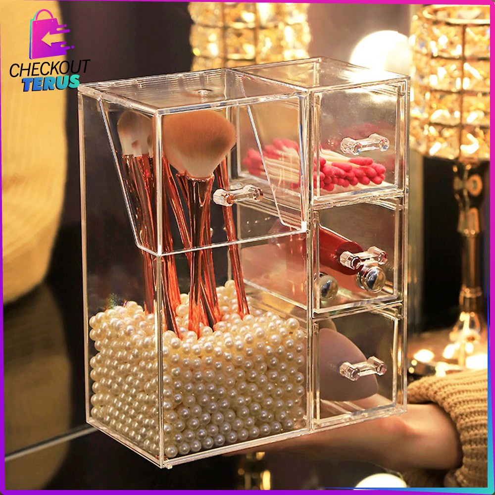 CT K18 Rak Organizer Multifungsi Kotak Penyimpanan Brush Make Up ada Mutiara Rak Anting Acrylic Storage Box Kuas Makeup