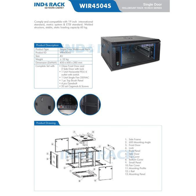 Wallmount Rack Single Door 4U WIR4504S 450mm