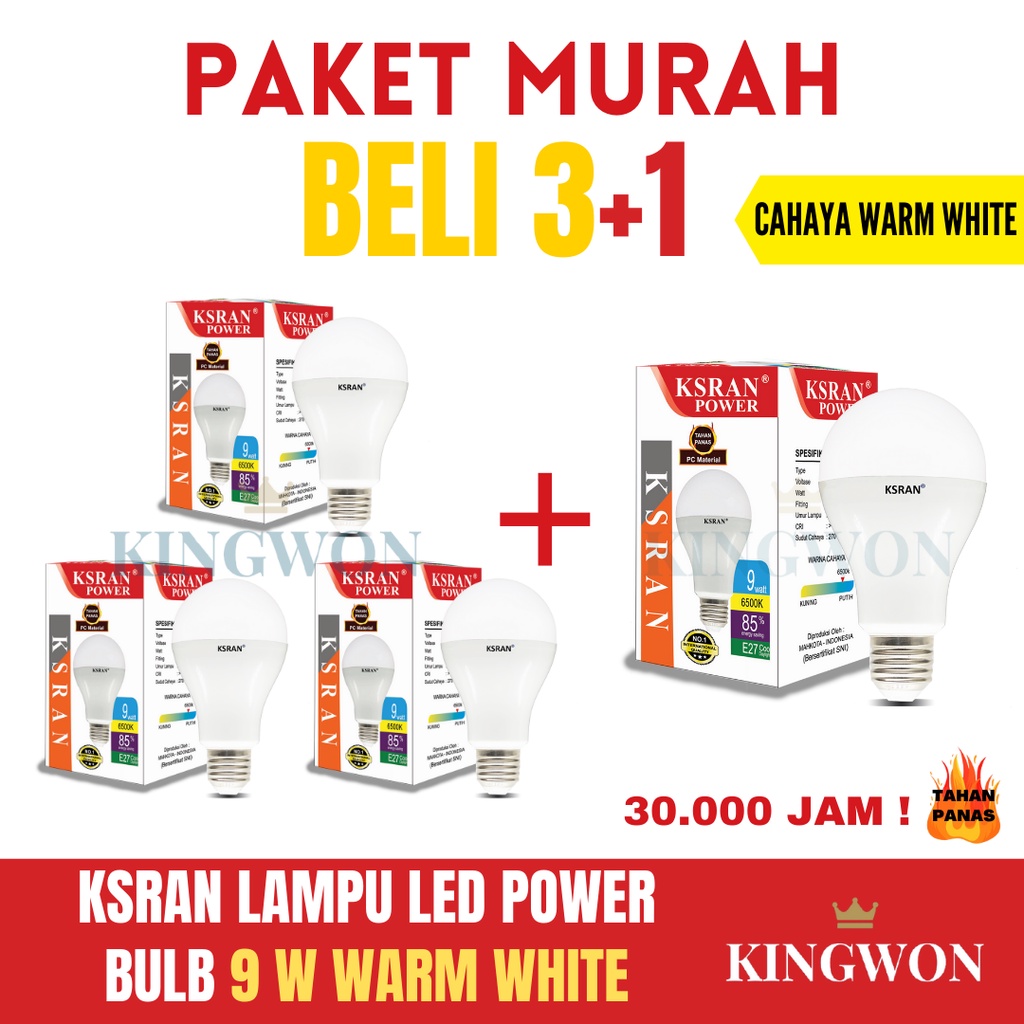 KSRAN Lampu LED 9 watt POWER - BULB (PAKET BELI 3 GRATIS 1) BUNDLE