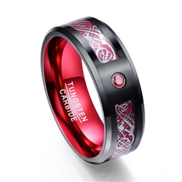 Cincin Pria Tungsten Carbide Original Red Dragon Celtic Cubic Zirconia High Quality