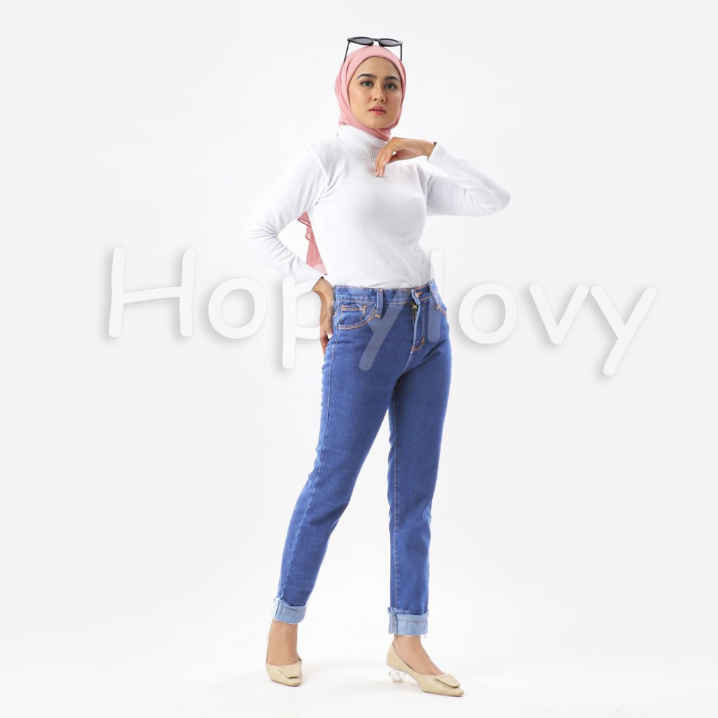 HOPYLOVY - Celana Boyfriend Jeans Wanita Model Rolled Up Rosetta