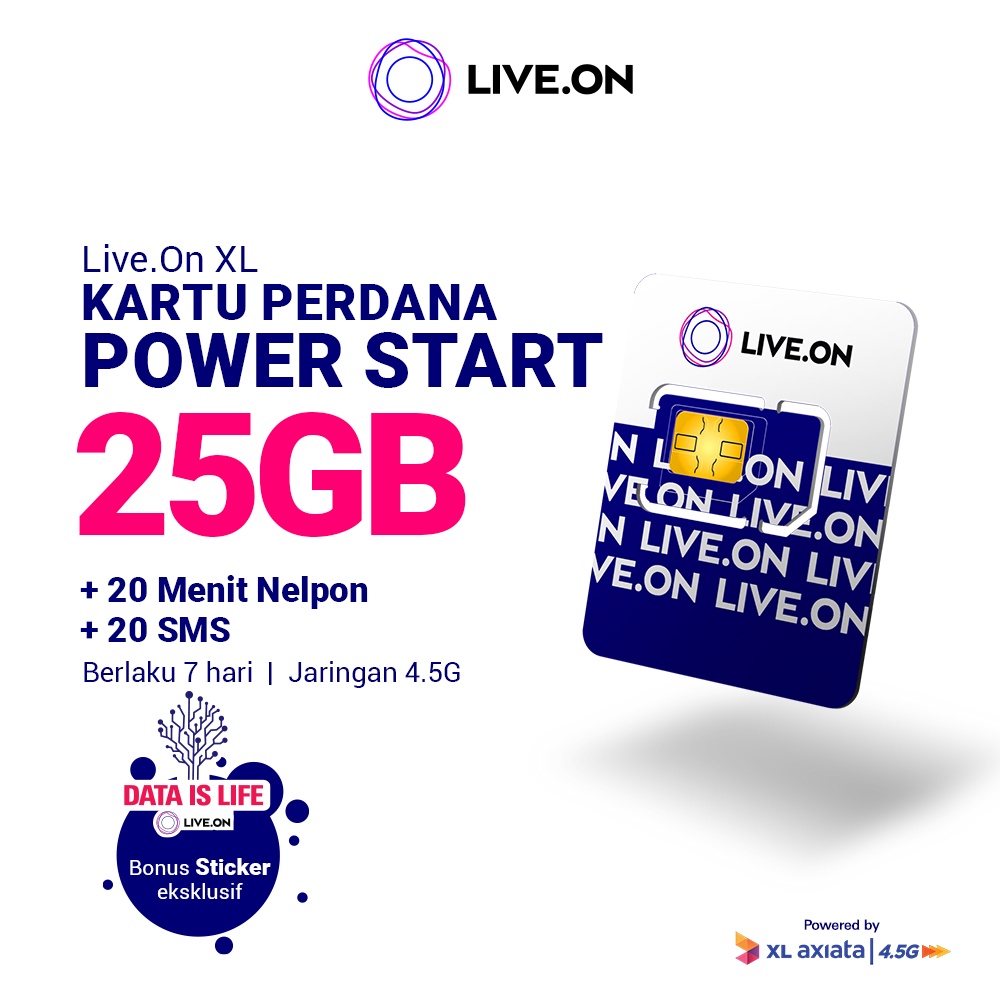 Kartu Perdana Live.On Power Start 25GB (7 hari) Jaringan 4.5G Gratis 20 Menit Nelpon + 20 SMS + Sticker H