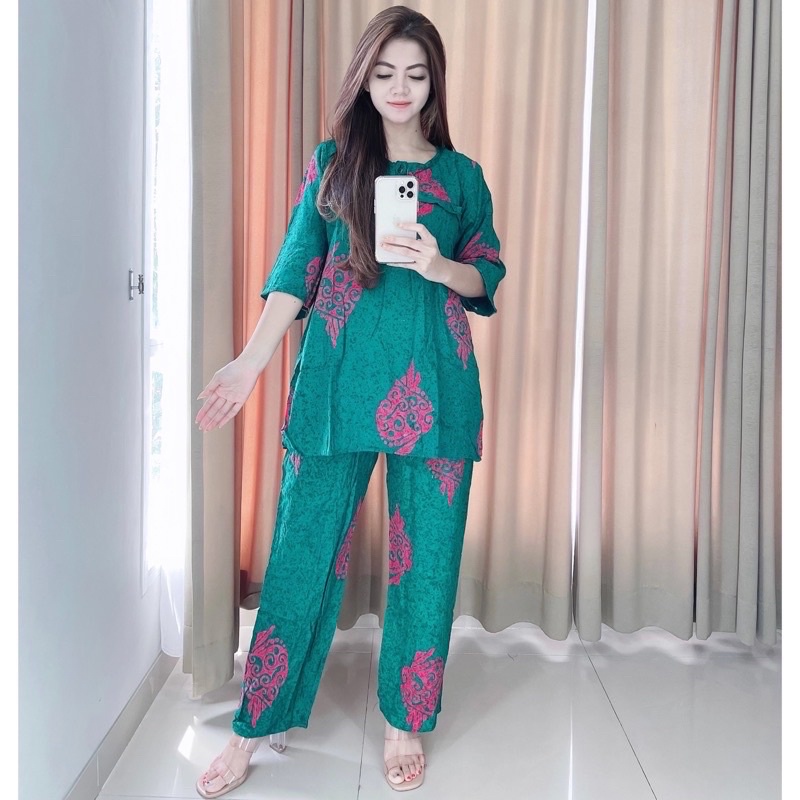 PIYAMA BATIK CAP SETELAN CELANA PANJANG-Hijau Tosca