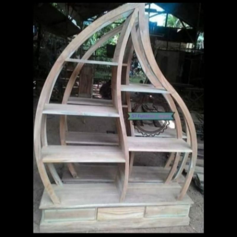 Rak hias lemari pajangan ruang tamu kayu jati mentahan jepara