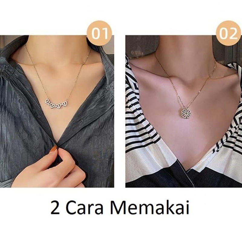 Kalung Titanium Korea Semanggi Hati Emas 18k Berlian 2 Cara Memakai Perhiasan