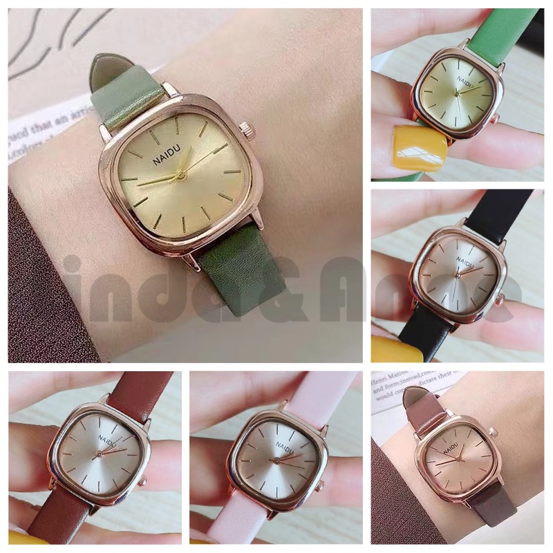 Jam Tangan Wanita Analog Quartz Strap PU Leather Dial Kotak Casual Fashion Import