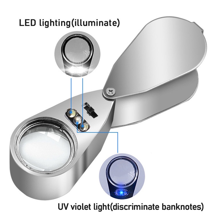 

H7Y Kaca Pembesar Geologi LED UV 40x AB76 / Perhiasan Batuan / Lup Lensa Lampu Lipat Loupe