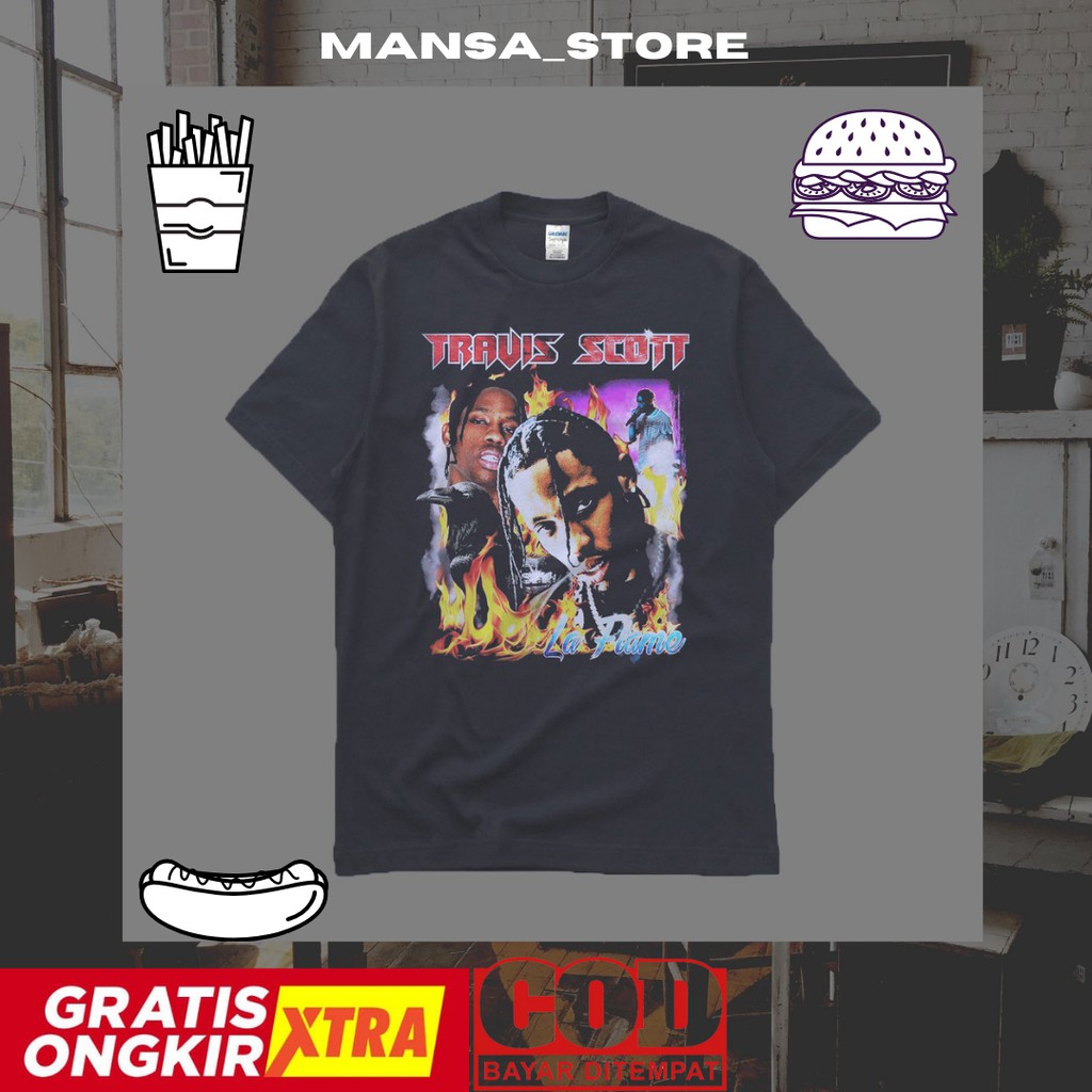 Travis Scott La Flame Rap Tee , OVERSIZED T-SHIRT , KAOS ACDC , KAOS ACDC H&M , KAOS ACDC ORIGINAL ,