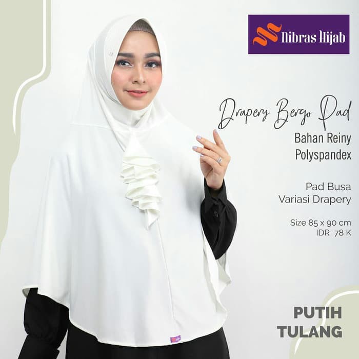 Nibras Hijab Drapery Bergo Pad Warna Putih Tulang Reiny Polyspandex
