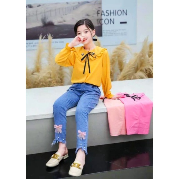 SETELAN CELANA JEANS ANAK PEREMPUAN IMPORT 4-8 TAHUN LENGAN PENDEK / SETELAN ANAK CEWEK IMPORT KOREAN STYLE CELANA JEANS CUTBRAY MUTIARA + BLOUSE PITA