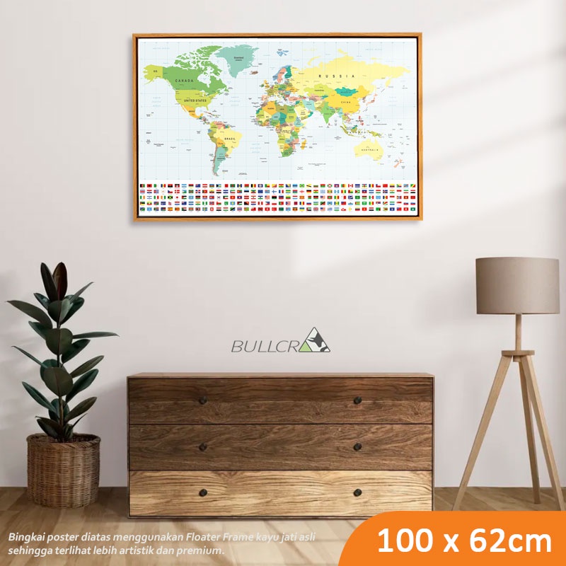 World map premium hiasan dinding Peta dunia custom bendera ukuran besar dengan bingkai frame kayu ja