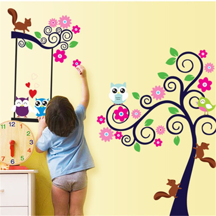 Reliza Wall Sticker Pohon Owl Tree Bird Colorfull Stiker Dinding LDR