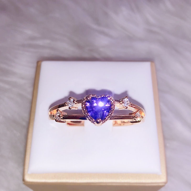 Cincin Wanita Bahan Titanium Steel Warna Rose Gold Bentuk Hati Hias Kristal Berlian Ungu Gaya Korea