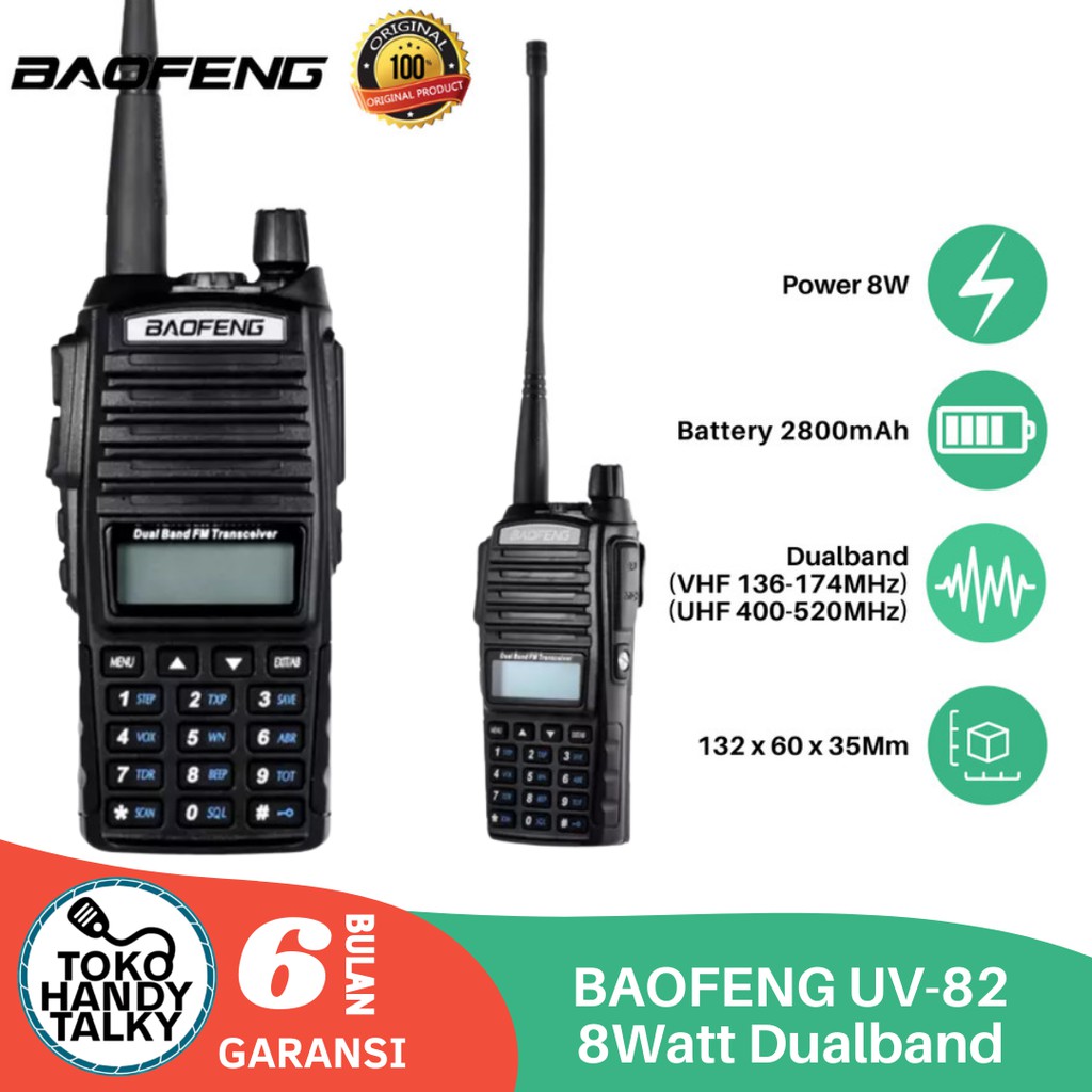 HANDY TALKY BAOFENG UV-82 UV82 UV 82 8 WATT DUALBAND VHF UHF 2PTT ORIGINAL GARANSI RESMI POSTEL