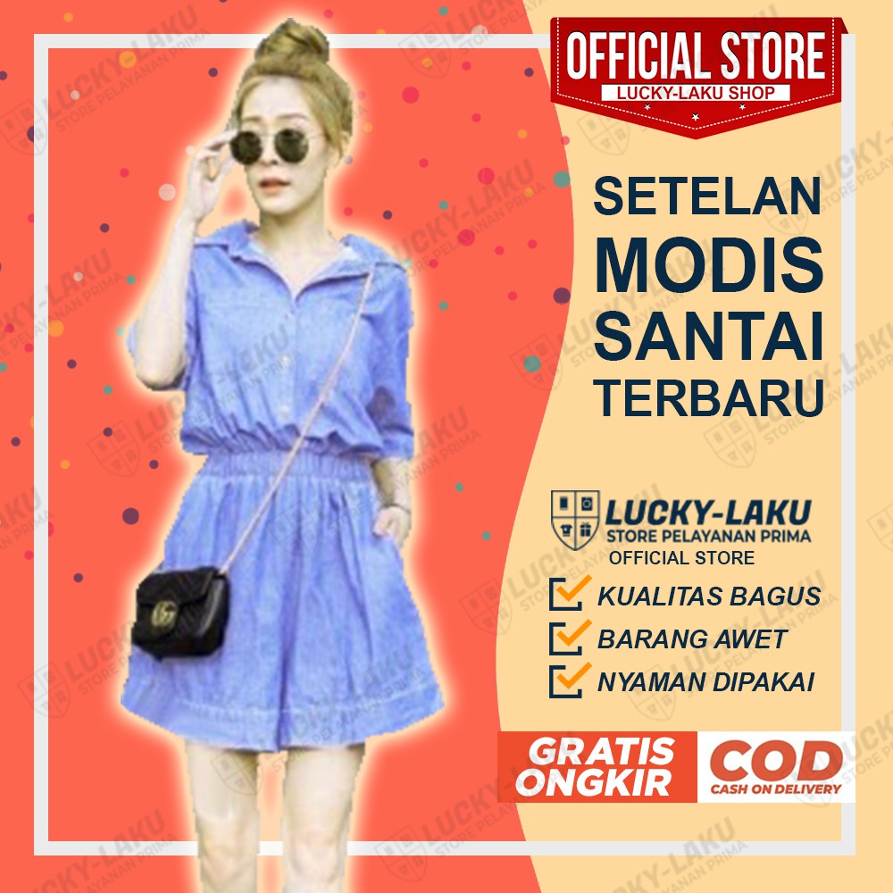 THEA - Setelan Baju Hem Berkerah Celana Kulot Pendek Wanita Warna Biru Muda Lengan Sedang Berkancing