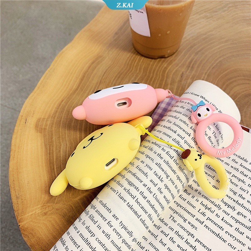 Casing Silikon Motif Kartun Sanrio Kuromi Pom Purin + Gantungan Kunci Untuk Simpan Earphone Wireless Bluetooth AirPods 1 / 2 / 3pro