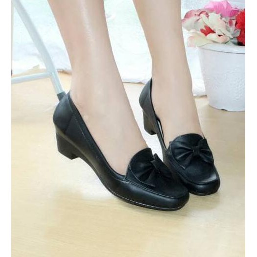 P497825- Sepatu Pantofel Wanita Wedges Kulit Otc02 - Hitam, 37