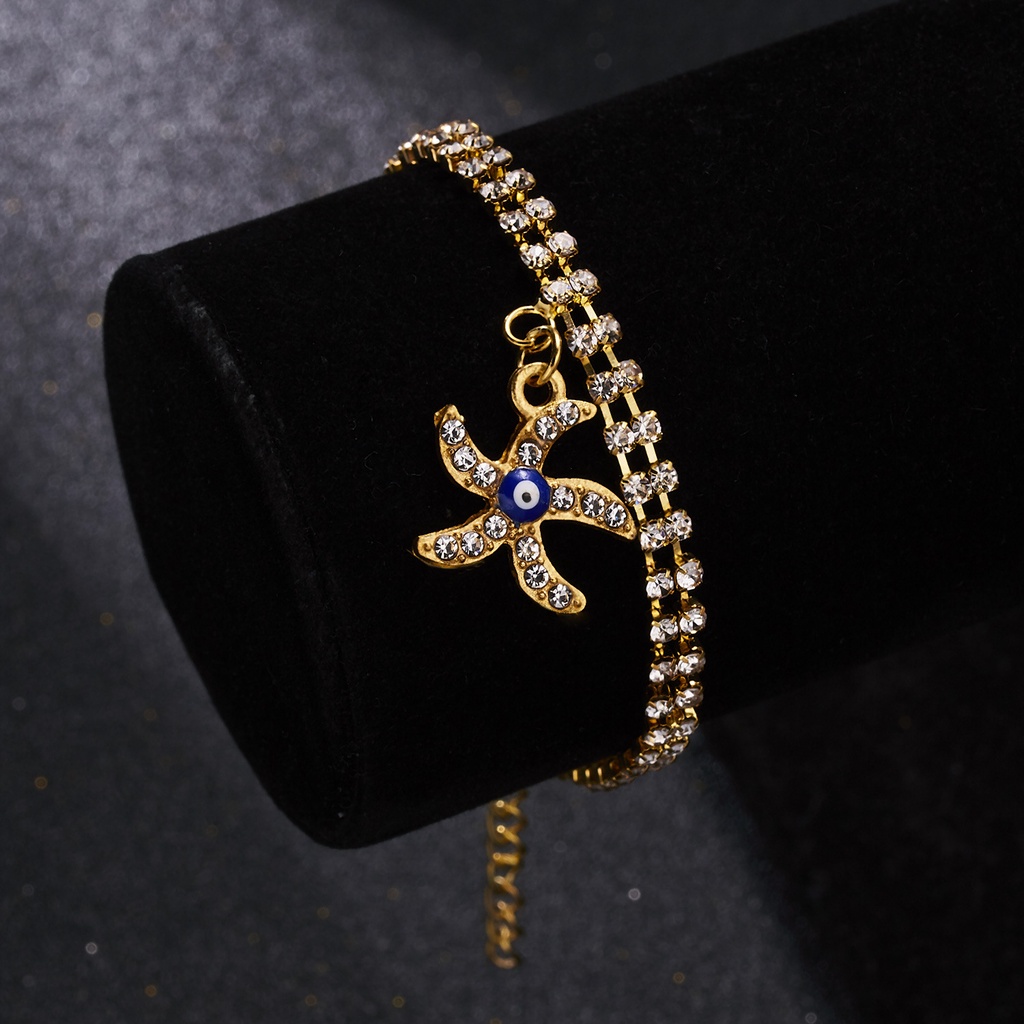 Gelang Rantai Double Layer Adjustable Bahan Alloy Motif Mata Iblis Warna Biru Untuk Wanita