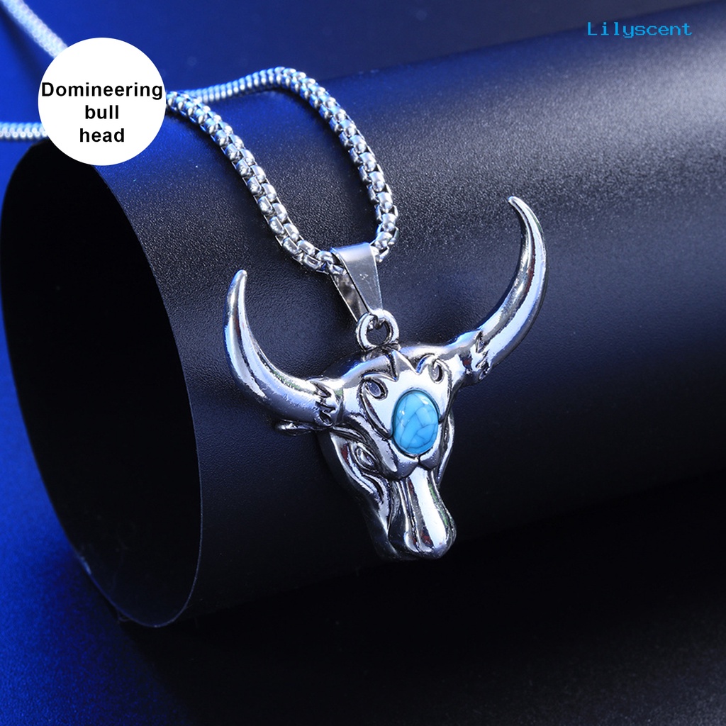 Kalung Rantai Panjang Liontin Kepala Banteng Bahan Alloy Gaya Retro Punk Untuk Pria