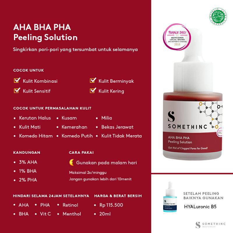 (BPOM) SOMETHINC AHA BHA PHA Peeling Solution / SOMETHINC AHA 7%, BHA 1%, PHA 3% Weekly Peeling Solution