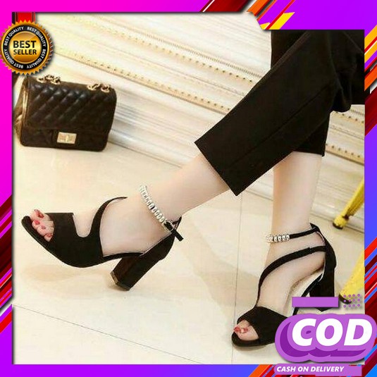 Sepatu Heels Wanita  Kerja Haihils Kantor Bludru Hils Remaja Ter Heels Yd40 Hitam - Hitam, 37