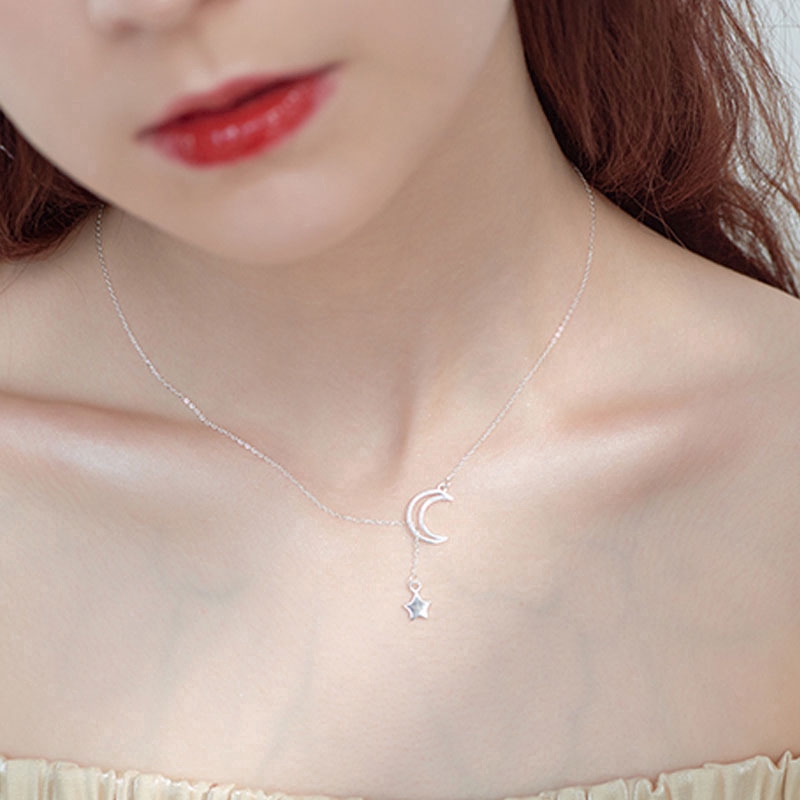 Kalung Rantai Bintang Bulan Perak Moon Star Chain Necklace Silver Pendant Women Jewelry Accessories