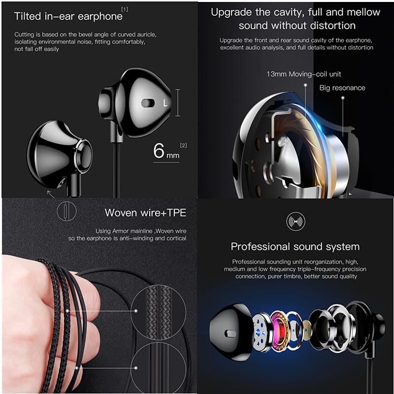 Baseus Headset Earphone Kabel 3.5mm Suara Bass Stereo Dengan Mic Untuk Handphone