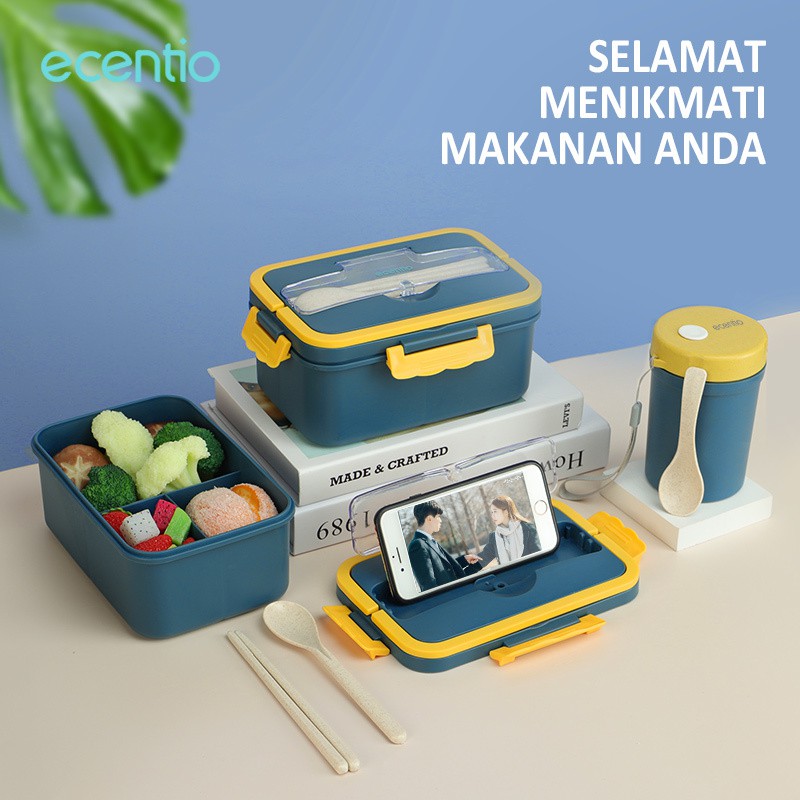 ecentio &amp; FOODI lunch box set Kotak makan Anti Tumpah 3 sekat Jerami Gandum 1000ml/1500ml Tempat makan free sendok&amp;sumpit