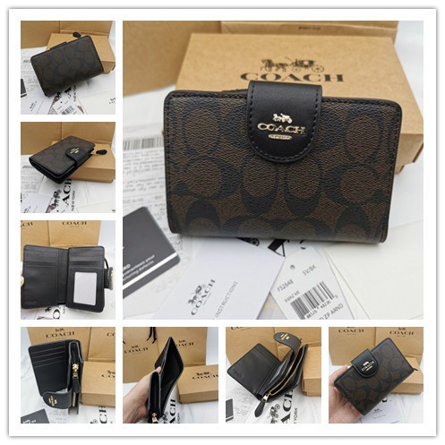 dompet wanita lipat COACH C0082 canvas signature new ladies medium wallet multi-card card holder, coin purse New Style MEDIUM CORNER ZIP WALLET IN SIGNATURE CANVAS