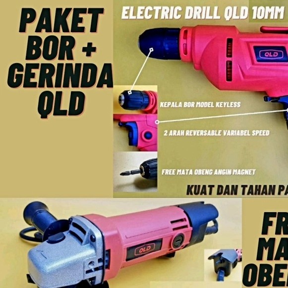 Paket 2 in 1 mesin gerinda angle grinder 4" dan bor 10mm QLD