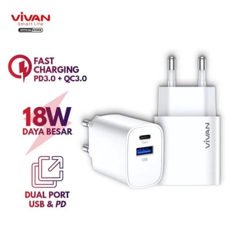 VIVAN Adaptor Charger Power Turbo 18 Dual Port Output Quick Charge 3A